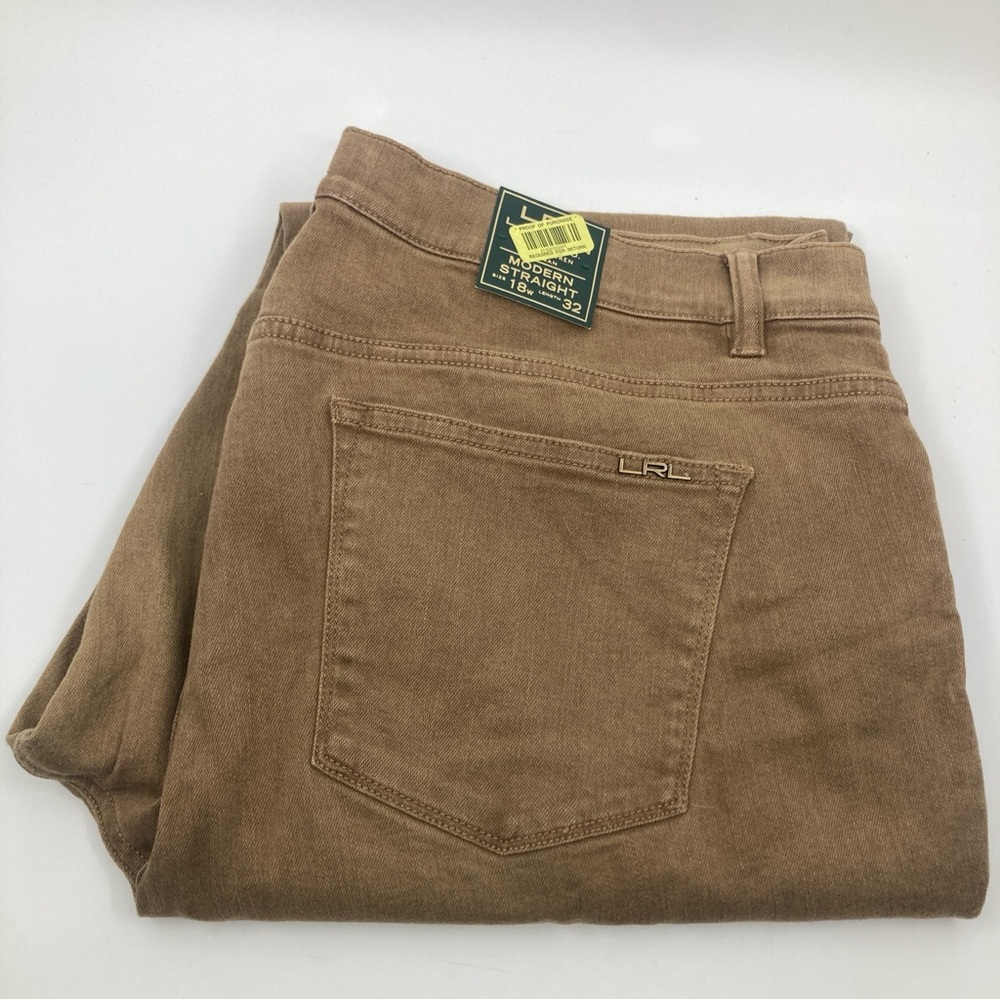 NWT LRL Lauren Jeans Co. Ralph Lauren modern straight tan denim jeans slim 18w